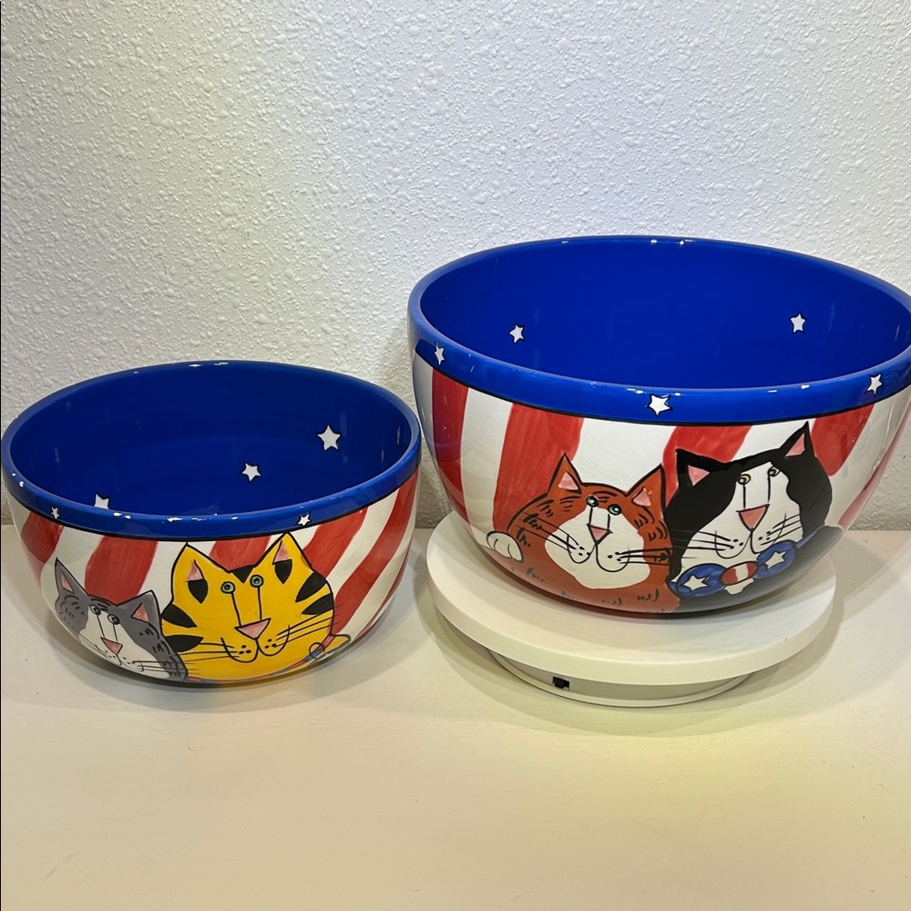 Vintage 2003 Retired Set of 2 Candace Reiter Catzilla Hand Painted Ceramic Bowls